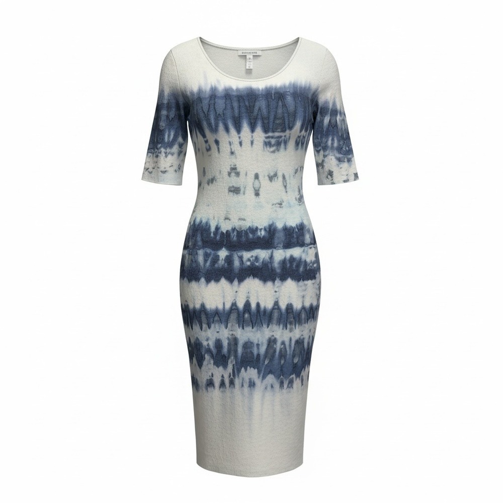 Raquel Allegra Blue Tie Dye Fitted Midi‎ Dress Scoop Neck 3/4 Sleeve Jersey XS